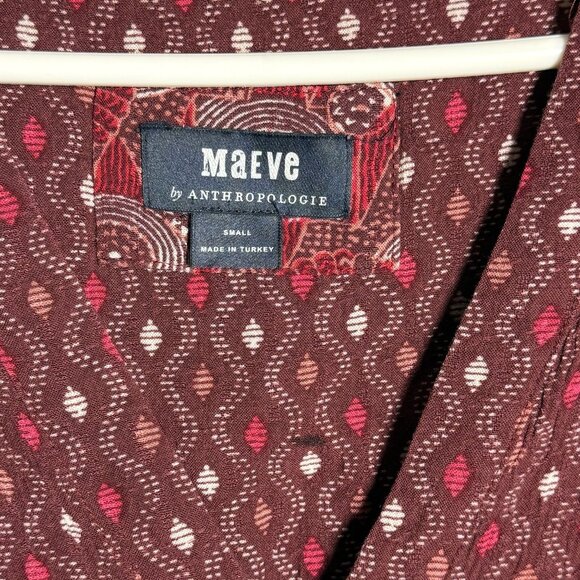 Maeve By Anthropologie burgundy  Boho Print Long Sleeve Dress V-Neck Small - Picture 5 of 8